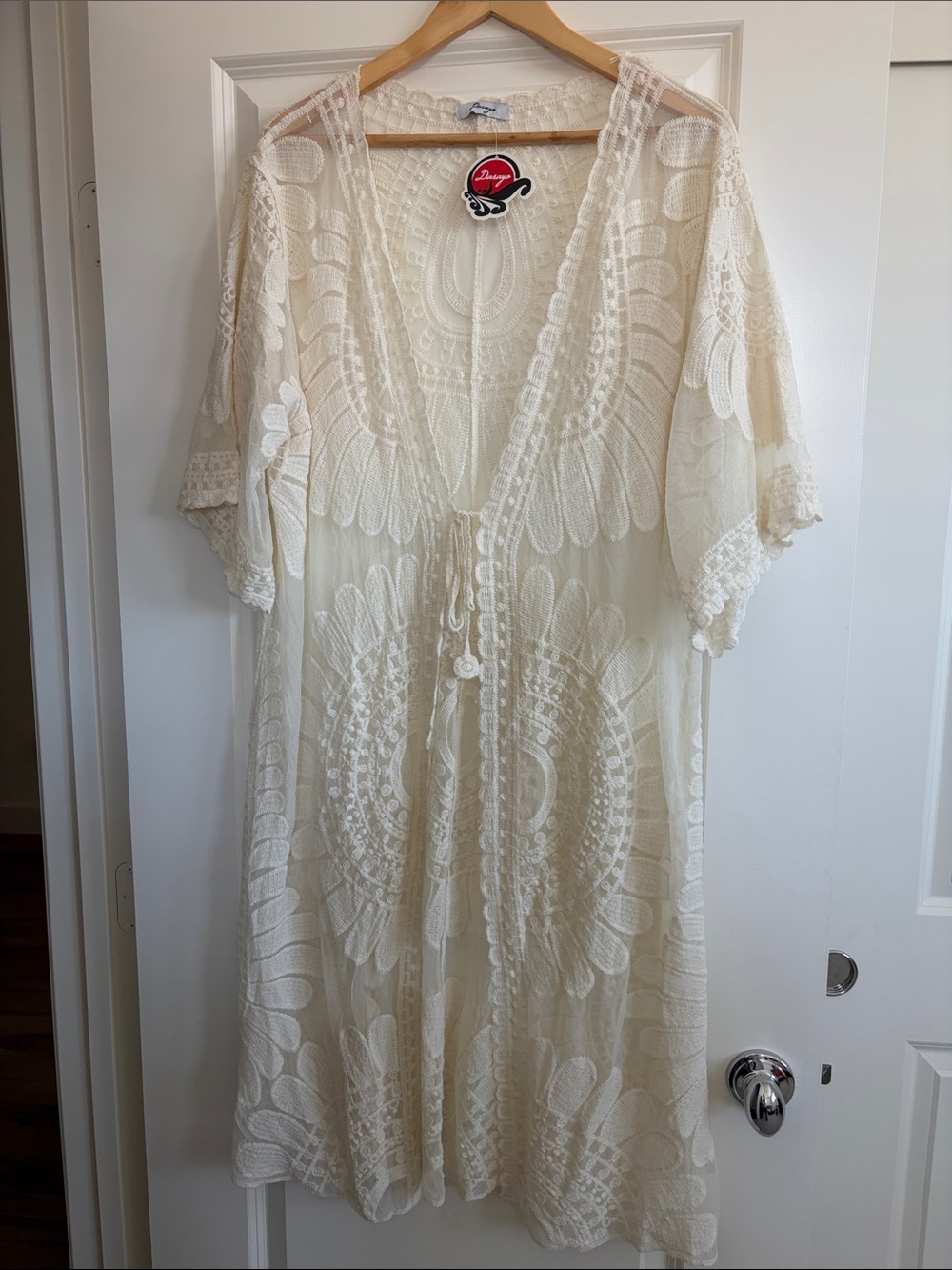 Boho Lace-Embroidered Ivory Robe, Kimono with Tie Closure